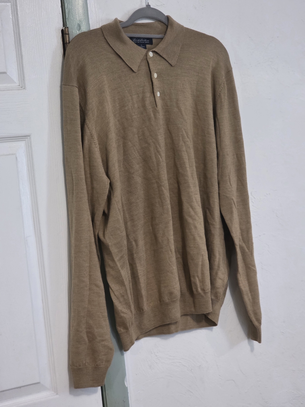 Brooks Brothers Men’s Zip-Up Polo Sweater in Tan 100% Merino Wool